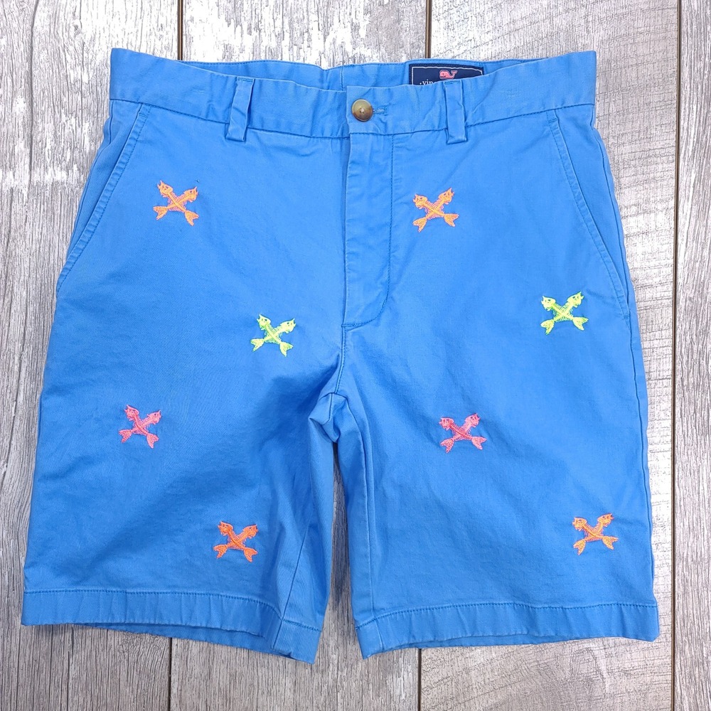 Vineyard Vines Breaker Shorts Mens 30 Blue Fish Skeleton Embroidered Chino 9 In